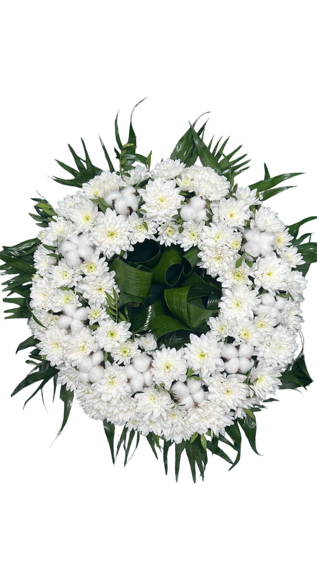 Cotton wreath and chrysanthemums