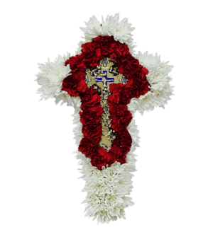 Funerary cross made of chrysanthemum and carnations