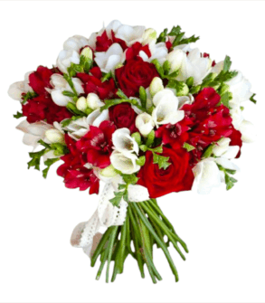 Bouquet of roses and Spring freesias