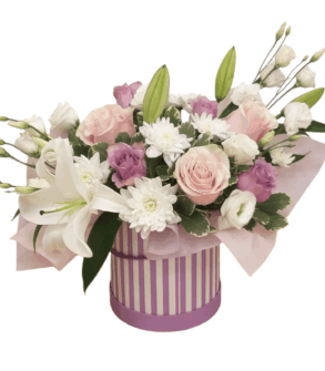 Box with white and pink flowers