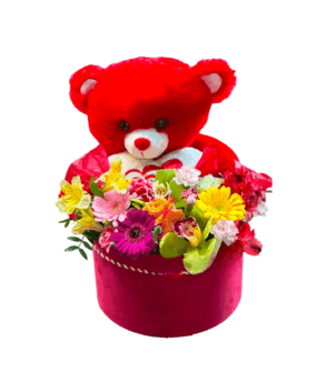 Cutie flori de sezon și ursuleț roșu