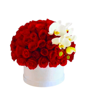 Cutie cu trandafiri roșii și orhidee