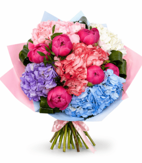 Pastel bouquet of hydrangeas and peonies