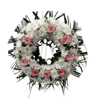 Round Funeral Wreath of Chrysanthemums and Pink Roses
