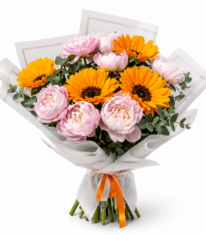 Summer Bouquet with Peonies and Sunflower