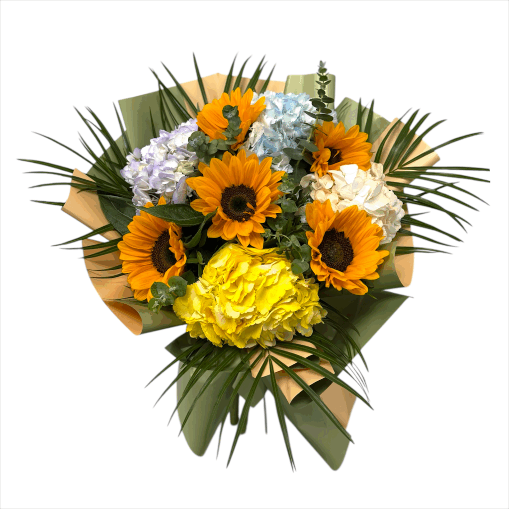 Buchet Floarea Soarelui și Hortensii - Flori de Vara