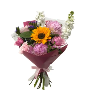 Buchet de Vara Bujori, Mathiola, Floarea soarelui, Trandafiri