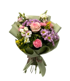 Buchet flori aniversar lisianthus și crizanteme