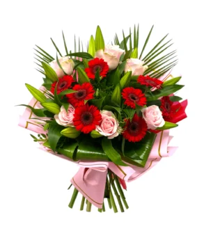 Buchet parfumat crini, trandafiri și gerbera