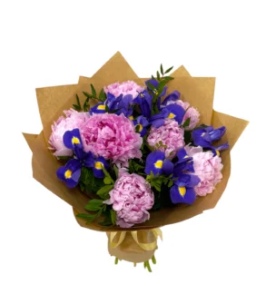 Buchet bujori și iriși cu livrare acasa birou iubita colega