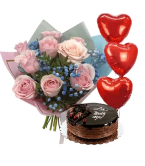 Flori si Tort, aranjament Trandafiri roz și Baloane