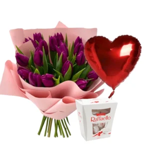 Pachet Ziua Îndrăgostiților flori Lalele și bomboane Raffaello