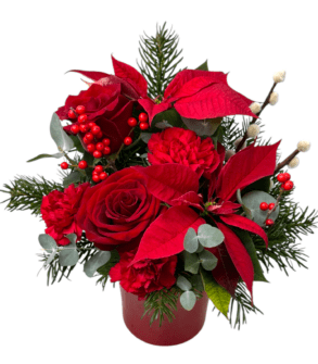 Ceramic vase with Santas and red roses