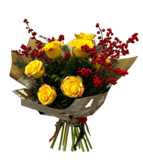 Buchet Ilex roșu & 7 Trandafiri galbeni