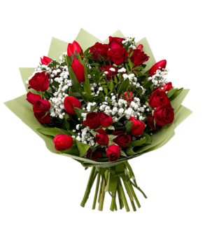 Valentine's Day bouquet of tulips and red mini roses
