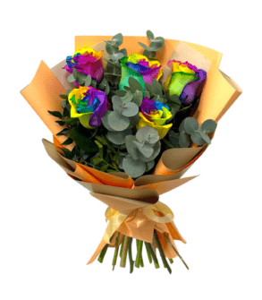 Bouquet of 5 Rainbow and Eucalyptus Roses