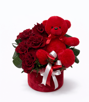 Box of Red Roses and Teddy Bear