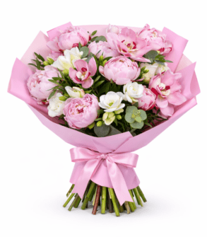 Buchet de flori Bujori, Orhidee și Frezii