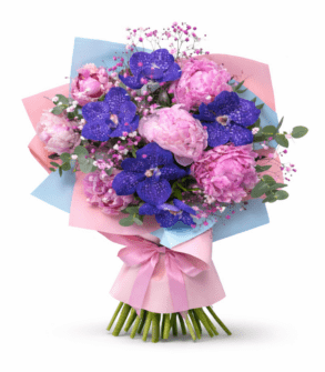 Buchet Premium Bujori și Orhidee Vanda