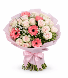 Buchet La multi ani - Mini Trandafiri roz și Gerbera